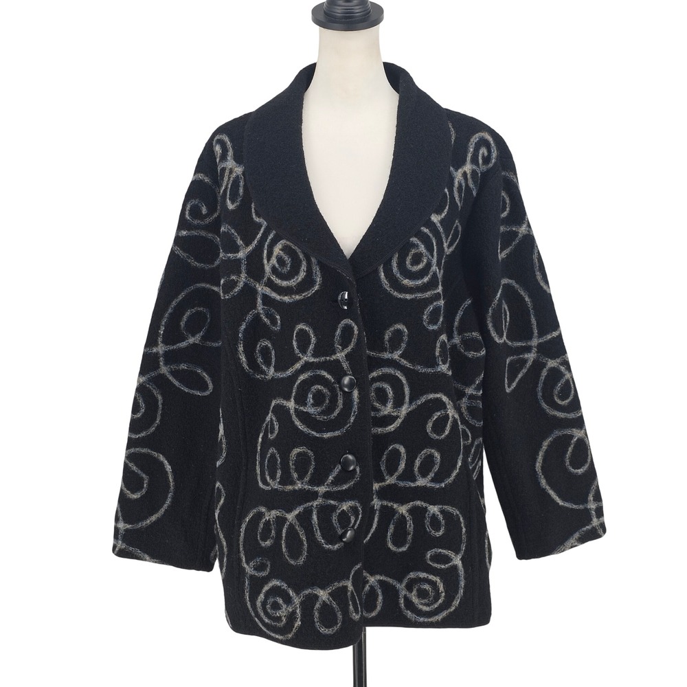 Carole Little Wool Cardigan Jacket 2X Black Swirl Shawl Collar Artisan Lagenlook